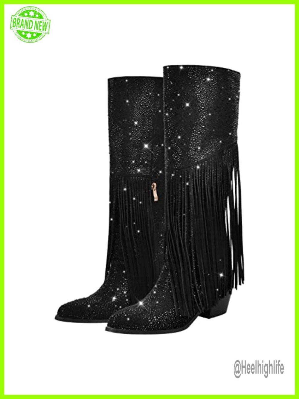 Rhinestone Tassel Knee High Boots Pointed Toe Block Heel Pull-On